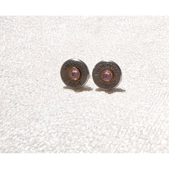 Winchester 38 Special Bullet Stud Earrings Pink Crystal October Birthstone Tourm - Picture 1 of 5
